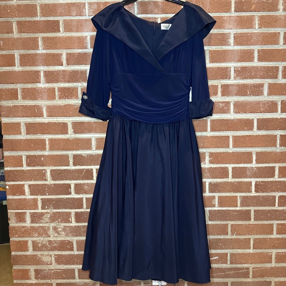 Eliza J Women's Navy Blue Shawl Collar Formal Dress Elegant Party Gown 16 NWT‎